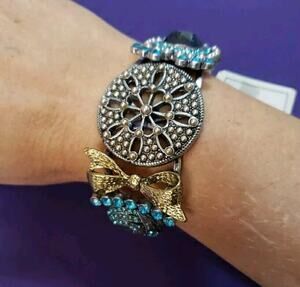 Chunky Ornate Clamper Bangle Bracelet Silver Tone Blue Rhinestones Gold Tone Bow